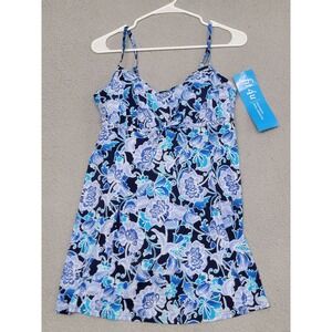 Fit 4 U Swimsuit Dress Womens 12 Blue Floral Tankini Swimdress Adjustable NWT